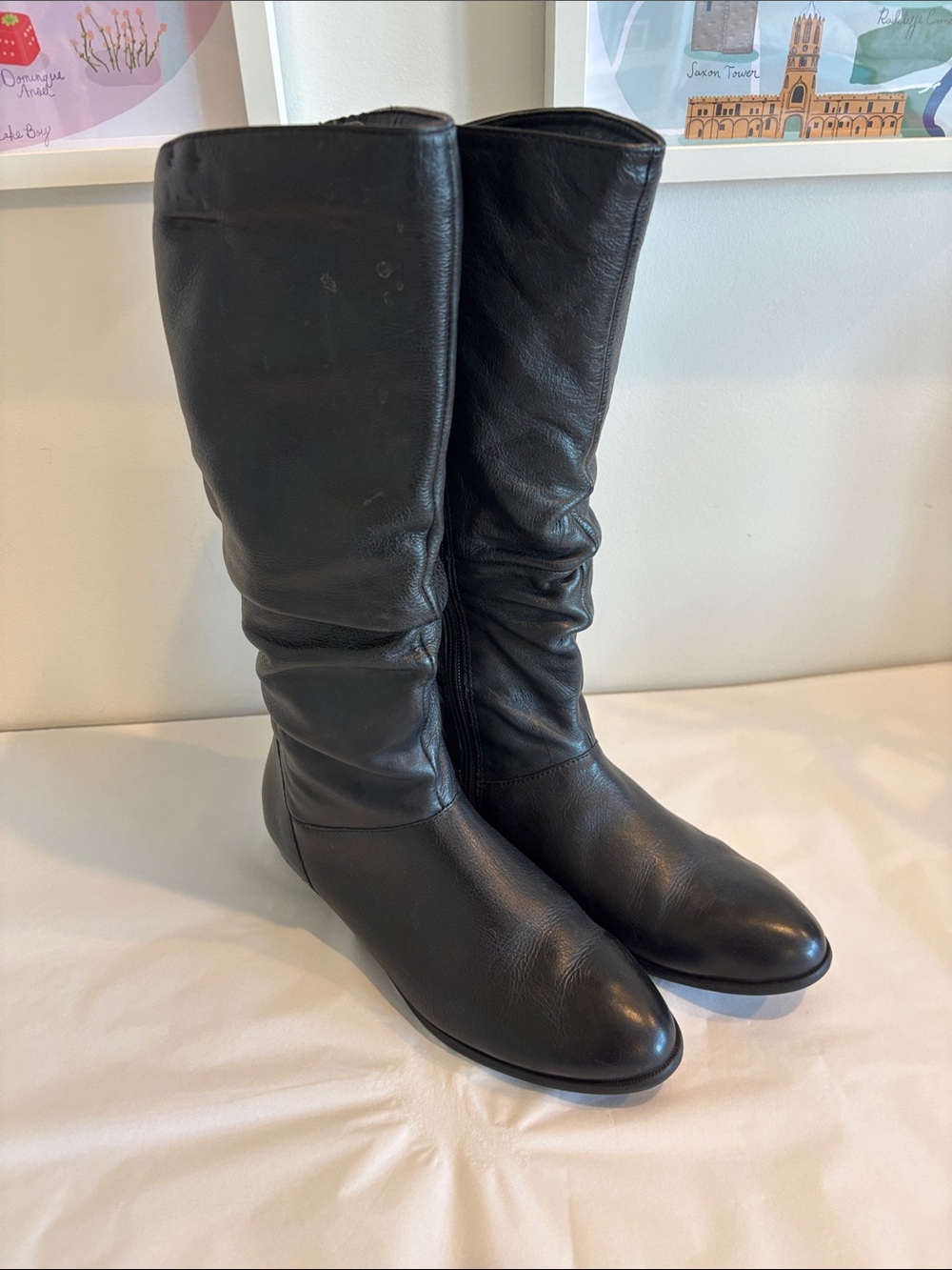 ALDO Black faux Leather slouchy Mid-Calf Boots side zipper round toe flats sz 8 - Picture 3 of 17